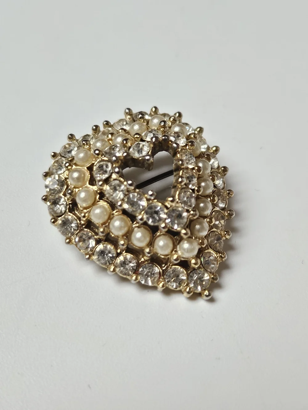 Gold Heart Brooch with Pearls and Clear Crystals